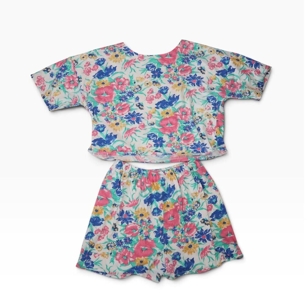 Vintage 80s Nice 'n Easy White Pink Floral T-Shirt and Shorts Set